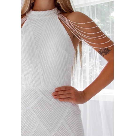 White Sequin dress with Bead Detail Shoulder - Picture 4 of 12